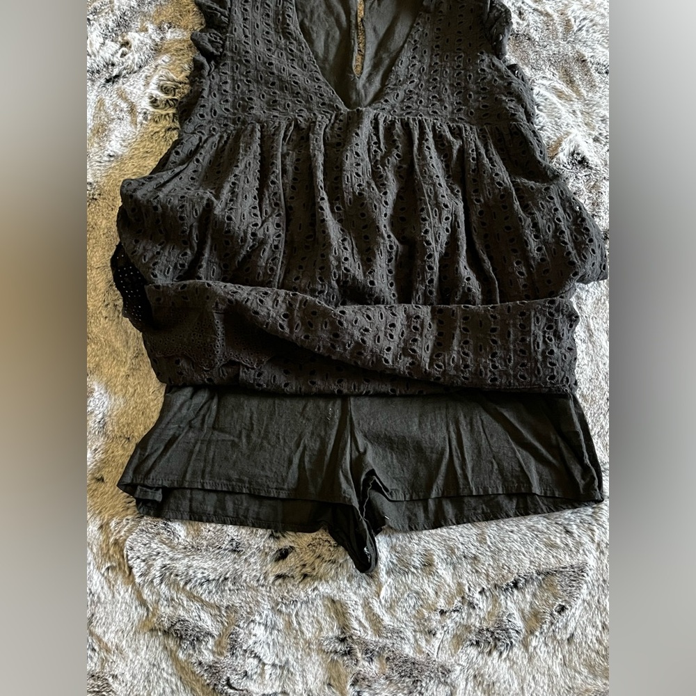 EUC Black Eyelet Babydoll Mini Dress Pockets Lined Built in Shorts Small - Picture 12 of 16
